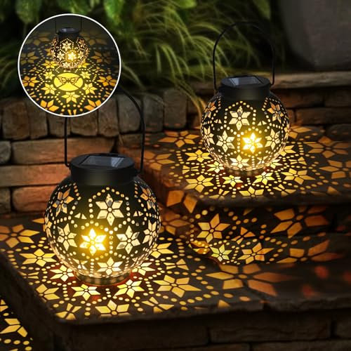 Bowfar Solarlaterne für Außen 2 Stück, Vintage Metall Solarlampen für Außen Hängend Gartendeko, IP65 Wasserdicht Solarleuchten Orientalische Laternen für Draußen Balkon Terrasse Garten Deko