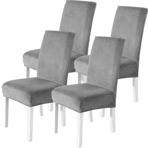 CYCMACO Velluto Coprisedie Con Schienale 4 Pezzi, Coprisedia Cucina Elasticizzato, Universale Copri Sedie Soggiorno, Fodera Sedia Con Schienale Alto, Chair Cover, Grigio Chiaro