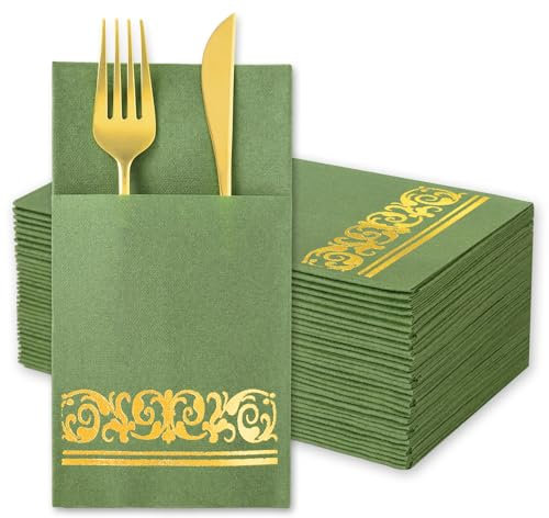 JarThenaAMCS 50Pcs Disposable Linen-Feel Dinner Napkins with Built-in Flatware Pockets Sage Green Gold Foil Fabric Napkin with Cutlery Pouch for Christmas Dining Party Table Decor