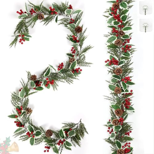 Betylifoy Guirnalda Artificial de Navidad Guirnalda Artificial de Bayas con Conos de Pino Agujas de Pino 2PCS Guirnalda de Pino de Navidad para Decoraciones de Árboles de Fiestas, 2M (2)