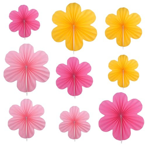 SenaiMy 9 Stück Papier Fächer Dekoration, Girlande Rosa Gelb, Papierfächer Girlande Dekoration, Papierblumen Hanging, Papier Blumen Hängende, Hanging Girlande für Hochzeit Geburtstag Party Tischdeko