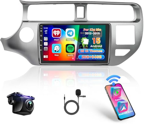 Hikity 2+64G Stereo Auto per Kia Rio 2012-2015 senza fili Carplay Android Auto Mirror Link, 9 Pollici Android Stereo Radio Bluetooth con GPS WIFI FM/RDS EQ SWC MIC Telecamera Posteriore