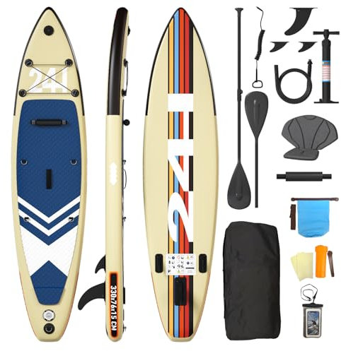 Devoko Stand Up Paddling Board, Aufblasbares SUP Board 330 * 76 * 15cm, 2-in-1 Stand Up Paddle mit Kajaksitz & Zubehör, Bis 130kg, Ideal zum Surfen, Angeln, Yoga, Khaki