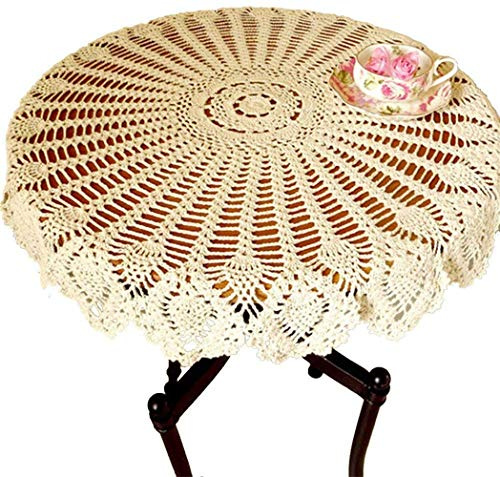 FMIYJUN Tapete de ganchillo redondo de algodón tradicional vintage adecuado para cocina rústica, fiesta, cumpleaños, picnic (beige, 90 x 90 cm)