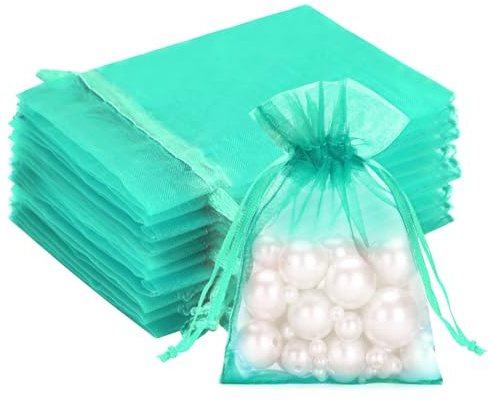G2PLUS Turquoise Green Organza Gift Pouches, 7x9 CM Small Favour Bags, 50 PCS