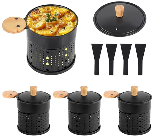 Juego de 4 Fondue Mini con Tapa, Antiadherente y Mango de Madera, Base para Velas, Ideal para Raclette, Chocolate, Queso, Uso en Interior y Exterior, Fácil de Limpiar y Almacenar