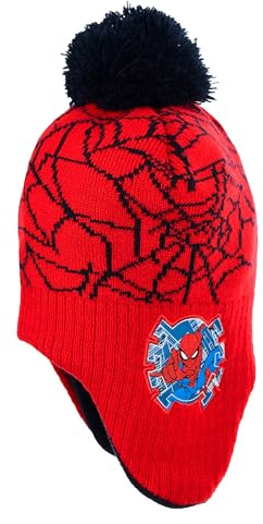 Marvel Spiderman Vintermössa för barn pojkar med tofs, licensprodukter – stickad mössa med fleecefoder och öronskydd – varm tofsmössa för pojkar – grå eller röd