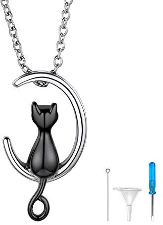 Suplight Halbmond Anhänger Halskette Katze Mond Andenken Urne mit 46+5cm Rolokette schwarz Edelstahl Damen Herren Erinnerung Modeschmuck Accessoire für Kremation Asche