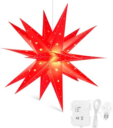 Qijieda 3D Weihnachtsstern Beleuchtet Außen Batterie mit Timer - 58cm led Weihnachtsstern für Fenster, Adventsstern Stern Zum Dekorieren von Innenhof, Balkon Und Garten