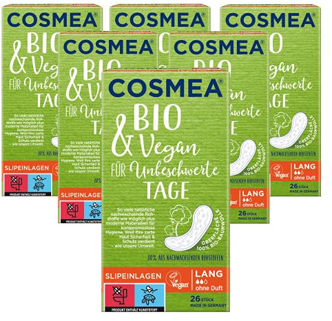 BIO Slipeinlagen von Cosmea, Lang, VEGAN ohne Duft, Vorteilspack 5 x 26 Stück Hygiene-Einlagen im Einklang mit der Natur