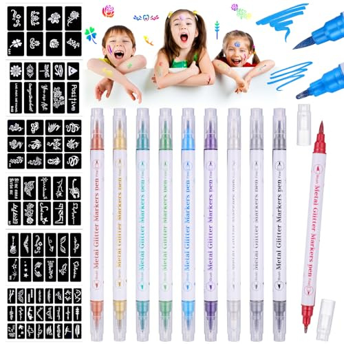 Huiguli Tattoo Stifte Kinder, 10 Farben Temporäre Tattoo Markierungen mit 76 Schablonen, Wasserfeste Tattoostifte für Kinder und Erwachsene Fasching Halloween Party