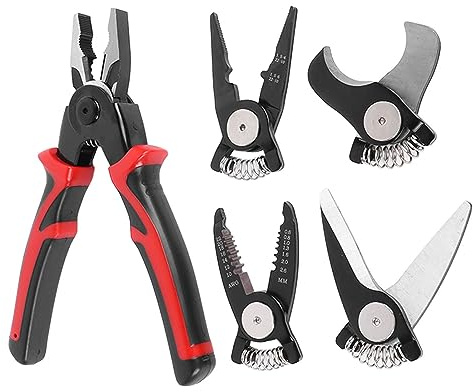 Jeu de Pinces 5 en 1, Pinces à Tête Interchangeable en Acier 5 en 1, Kit D'outils Polyvalent et Robuste pour la de Fil de Tôle, le Dénudage, le Sertissage