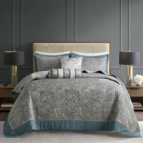 Madison Park Aubrey Reversible Quilted Bedspread Set, Solid Reverse Summer Breathable, Lightweight All Season Bedding Layer, Matching Shams, Bedspread King(120x118) Teal 5 Piece