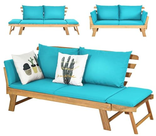 COSTWAY 3 en 1 Sofa Cama de Jardín, Banco de Jardín de 2 Plazas Convertible con 2 Almohadas y Cojin Extraible y Lavable, Reposabrazos Ajustables, Sofa Jardin de Madera Acacia para Patio, Máx 320 kg