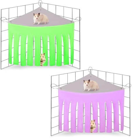 Meng Jiaran 2 Packs Guinea Pig Hideout Corner Hideaway Hammock Corner, Fabric Forest Curtain Hideouts for Small Animals, Hammock Hanging Bed Corner for Hamster Hedgehog Guinea Pig Rabbit(Green+Purple)