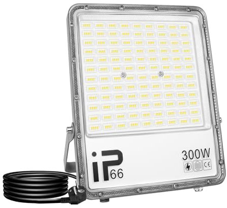 RIGIDON 300W Projecteur d'extérieur Led Avec Prise EU, 30000LM Blanc Luminaire, IP66 étanche Éclairage de Sécurité Extérieur, Projecteur led lampe de Patio Garage Terrasse Jardin Chantier (1.5M Fil)