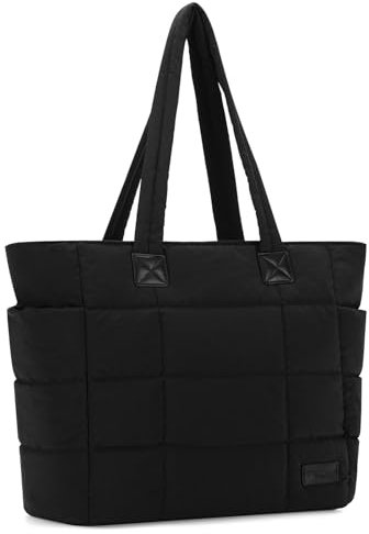 VASCHY Tote Bag for Women, Lightweight Quilted Puffer Work Tote with Laptop Compartments Large Puffy Handbag for Nurse/Teacher/Travel/Gym Black