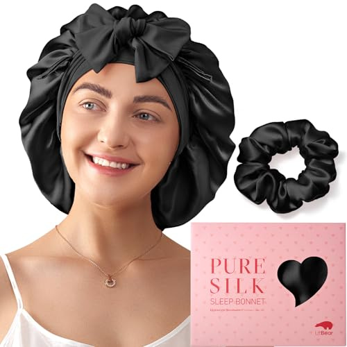 LitBear Bonnet de Nuit 100% Soie Mûrier pour Femmes, 6A 22 Momme, Grand Cache-Cheveux à Double Couche avec Bande à Nouer, Turban Antidérapant, Chouchou Inclus