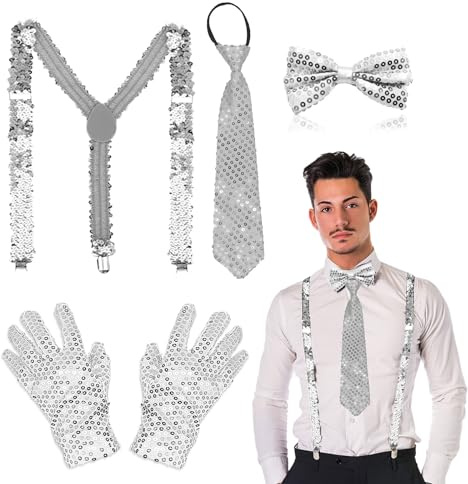 TUONYIS 4 Pezzi Set di Accessori da Discoteca con Paillettes, Costume da Ballo Jazz Papillon con Paillettes Bretelle per Cravatta con Paillettes per Spettacoli Teatrali, Feste da Ballo (Argento)