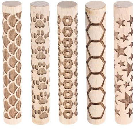 sourcing map 5pcs Wood Clay Roller 4 Flower Paw Print Hexagon Star Fan Pattern Rolling Pins Pottery Tools Wood Grain Texture Rollers for Clay Baking Dough Playdough DIY