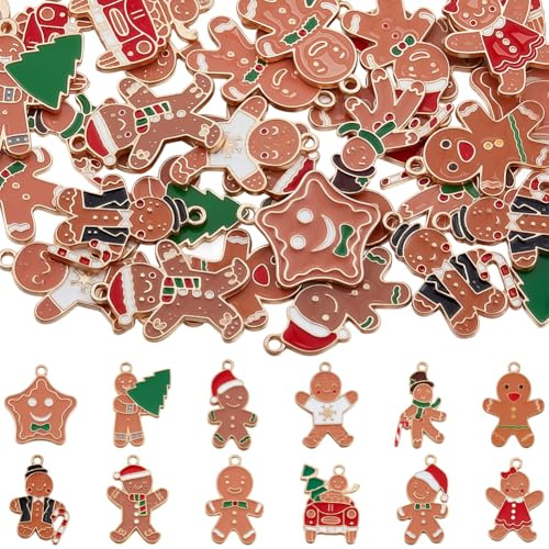 SUNNYCLUE 1 scatola Da 48 pezzi 12 stili Ciondolo A Forma di Omino di Pan di Zenzero Ciondolo Natalizio In Smalto Ciondoli In Lega di Metlega Dorato per Le Festività Invernali Biscotti di Natale Forme
