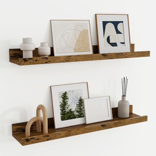 Vägghylla i trä 60 cm, hylla vägg tavelremsa för bildramar och böcker set om 2, svävande hylla av MDF trä, hyllbräda väggbräda för kök, vardagsrum, sovrum & arbetsrum, vintage brun