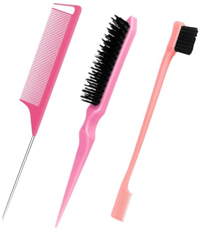 Zenfony 3Pcs 3-in-1 Hair Styling Comb Set, Slick Back & Edge Brush, Teasing Brush, Rat Tail Comb for Hairdresser, Women, Children, Pink