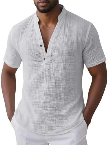 Chemise Homme Coton Lin Manches Courtes Col Montant Style Henley Boutonnée Coupe Décontractée Adaptée Été Plage Et Loisirs
