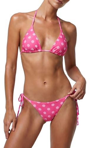 Edhomenn Womens Bikini Sets Halter Triangle Bikini Top Sexy Thong Bottom (A-Rose Pink Dot Print, S)