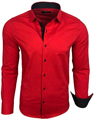 Camisa de manga larga para hombre con cuello y puño en contraste, para el trabajo, para el tiempo libre, para el traje de boda R-44, rojo, S