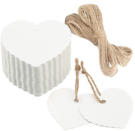 jijAcraft Etichette Carta Kraft Forma di Cuore Tag Regalo di San Valentino, 100 pezzi e 20 metri Spago in Iuta, per Matrimonio Compleanni Artigianato (Bianco)