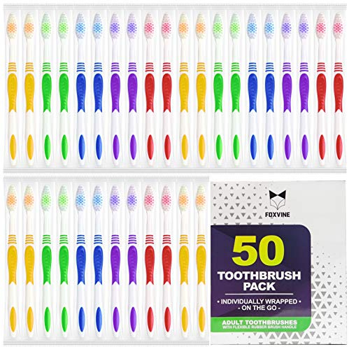 EcoFox Bulk Toothbrushes 50 Pack | Individually Wrapped Travel Toothbrush Set for Adults & Kids | Made with a Medium-Soft Large Brush Head | BPA-Free & Disposable!