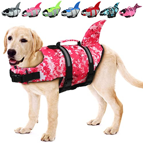 EMUST Dog Life Jacket, Ripstop Dog Lifesaver Vests with Rescue Handle for Small Medium and Large Dogs, Pet Safety Swimsuit Preserver for Swimming Pool Beach Boating (XS,Pink Camouflage)