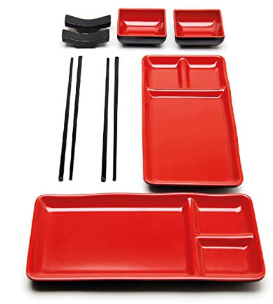 GOLIBER 8-teiliges japanisches Sushi-Set – Enthält 2 einzelne Sushi-Teller (19 x 14 cm), 2 Saucenschälchen, 2 Paar Essstäbchen, 2 Stäbchenhalter – Hergestellt aus Melamin, Rot
