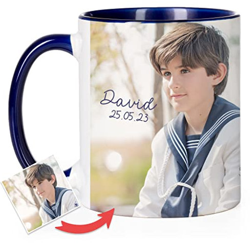 Wanapix | Mug Personnalisée avec Photo et Texte | 325 ml | Tasse à Café Personnalisable | Céramique Mug | Cadeau Original | Va au micro-ondes | Intérieur et Poignée Bleu Foncé