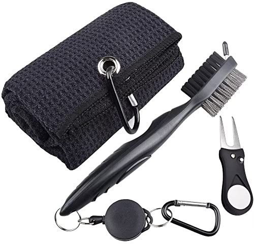 Berfea Accessoires de Golf - Kit de Nettoyage 3 en 1 - Brosse de Nettoyage pour Club de Golf avec Nettoyeur de rainures, Serviette, Outil de réparation de Divot Pliable, Cadeaux de Golf pour Homme