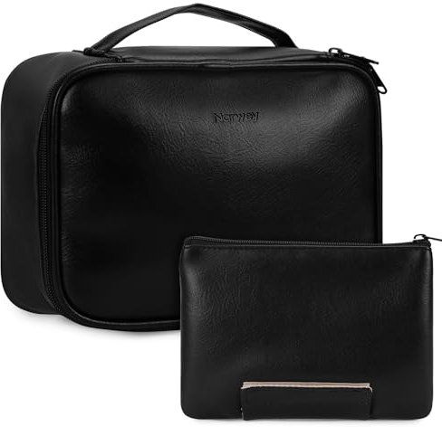 Narwey Reise Kosmetiktasche Damen Make-up-Tasche PU Leder Schminktasche Große Make-up Tasche Organizer Kosmetikkoffer Frauen Mädchen mit Bürstenfach(Schwarz)