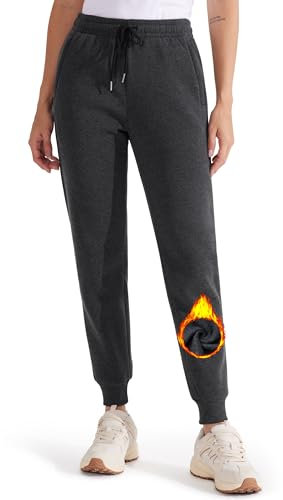 Libin Warme Jogginghose Damen Gefütterte Thermo Sporthose Winter Trainingshose Sweatpants Laufhose Yoga Hosen mit Reißverschluss Taschen Dunkelgrau L