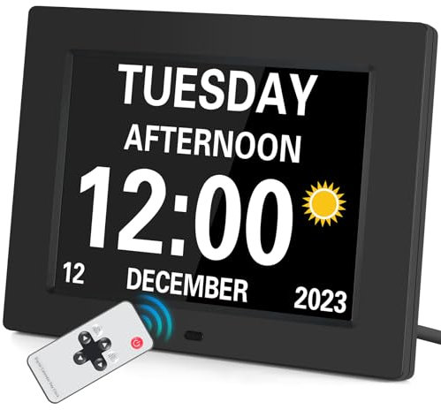 Adiwo Digital Wecker, 8 Zoll Seniorenuhr Digitaler Kalender Tag Uhr Digitale Kalender Senioren Uhr mit Fernbedienung Wecker für Senioren Digitaluhr mit Digitaler Bilderrahmen Rahmenfunktion