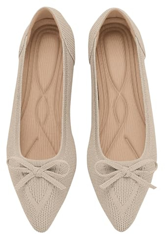 TINGRISE Women's Flats Pointed Toe Bow Knit Ballet Shoes Comfortable Dressy Mesh Slip On Flat Begie US8 Beige