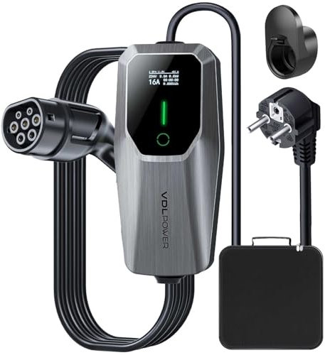 VDLPOWEREU Cavo Ricarica Auto Elettrica, 3,6 KW EV Caricatore Tipo 2, 5m Caricabatterie Elettrico per Auto, 6-16 A con Spina EU Schuko, terminale di Ricarica monofase IP65 (IEC 62196-2)