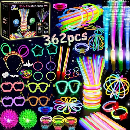 zycBernoi 362 Stück Knicklichter Party Set, LED Leuchtstab Glasfzaser mit 200 Verbinder, LED Igelball, Leuchtstäbe, Brille, Armreif, Leuchtspielzeug für Kinder Erwachsene Party Deko