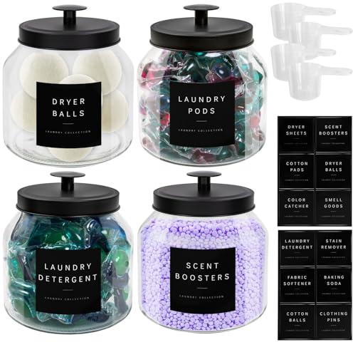 LUXENEST Glas tvättstuga organisering och förvaring set behållare med etiketter tvättorganisatör burkar hållare för tvättpodar, doftförstärkare, tvättmedel, torktumlarbollar, pulver (4)