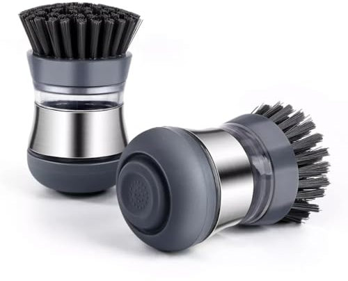 Mayaaran Soap Dispensing Washing Up Brushes, Scrubbing Brush with handle, Refillable Dish Brush, Washing up brushes for Kitchen - Pack of 2 Dish brushes for washing up, Grey - hand brush