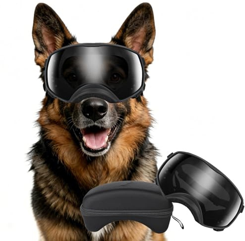 Billionchains Dog Sunglasses UV Protection Clear Dog Goggles Windproof Glasses with Elastic Straps for Medium-Large Breed, Black Frame + Black Lens