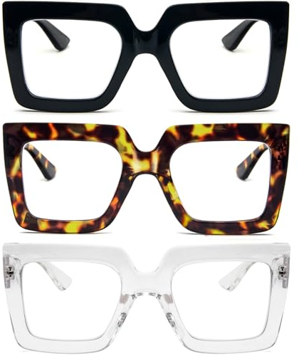 KoKoBin 3 confezioni di occhiali da lettura per donne con montatura lettori quadrati spessi ed eleganti che bloccano la luce blu occhiali (Nero/Marrone leopardo/Trasparente, 1.5, Diottria)