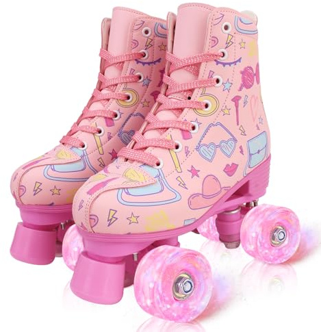 XUDREZ Rullskridskor för flickor, lyser upp barn, rullskridskor med dubbla rader hög topp, rosa graffitirullskridskor med fyra skridskor (rosa med blinkande hjul, 89–22,8 cm - UK 3,5)