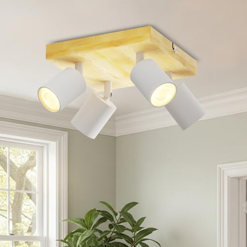 LVWIT Wood Ceiling Lights,Ceiling Spotlights,Industrial 4 Way Kitchen Lights Ceiling,Adjustable GU10 White Ceiling Spot Lights,Indoor Spot Light for Living Room Lights Ceilings(NO Bulbs)