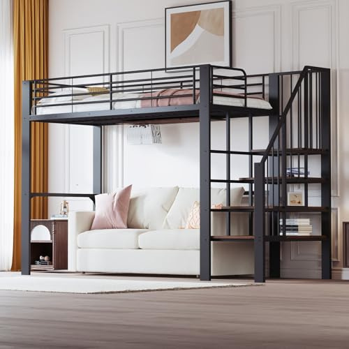 PUGSDRLY Lit Mezzanine 90x200cm avec Escalier,Lit Mezzanine 1 Place avec Clôture Haute,Cadre en Métallique pour Enfant Adolescent Adulte (Noir, 90)