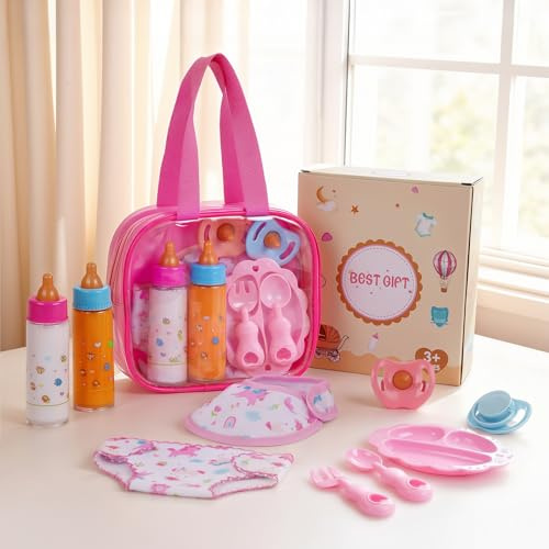 BABESIDE Baby Doll Accessories,10 Pieces Baby Doll Diaper Bag Set with Magic Bottles, Pacifiers, Doll Diaper & Pretend Play Feeding Set for Dolls, Ideal Gift for Kids Age 3+